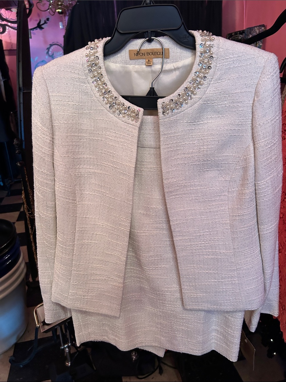 Nipon Boutique Cream Pearl-Embellished Tweed Jacket